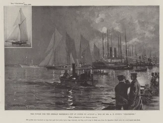 Das Ziel für den Pokal des deutschen Kaisers in Cowes am 8. August, gewonnen von Mr. A. F. Fynns Columbine